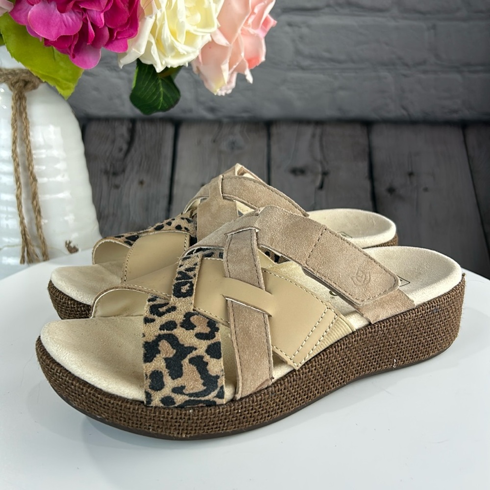 🪷 SPENCO MEMPHIS Leather & Suede Cream w/Leopard Print Adjustable Slide Sandals